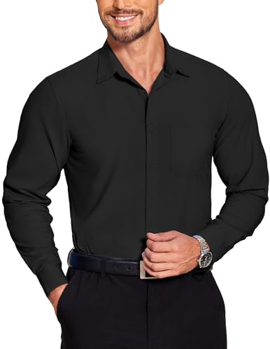 COOFANDY Men's Dress Shirts Long Sleeve Wrinkle-Free Business Casual Slim Fit Solid Muscle Fit Shirt Black