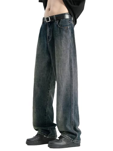 Men with Pockets Jeans Vintage Casual Wide-Leg Trousers Washed Distressed Denim Straight Pants