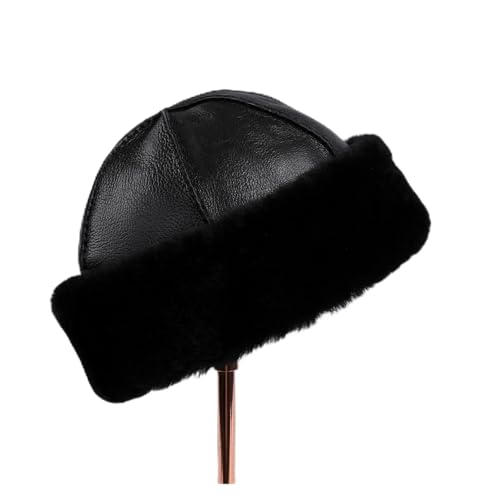Image of WENH Unisex Sheepskin Leather Shearling Wool Beanie Hat, Winter Warm Thick Soft Fur Cap, Hand Stitched(Black)