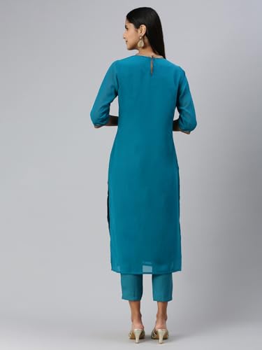 Image of Hritika Women's Faux Georgette Regular Kurta Set (HRKB0070RAMA L Blue