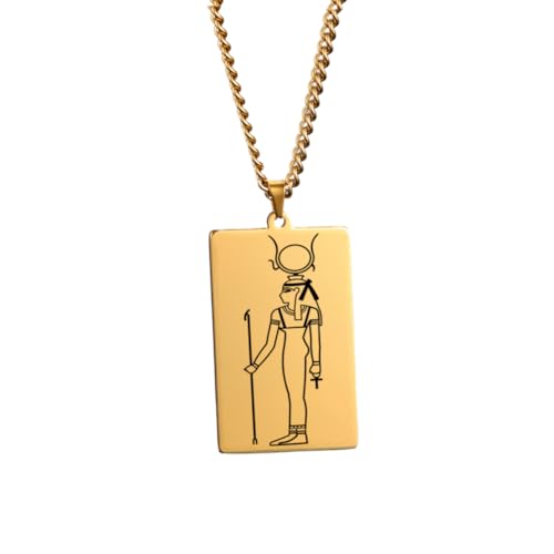Gold Plated Stainless Steel Egyptian God Thoth Pendant, Rectangular Talisman Amulet Necklace For Adults - Goddess Hathor, Real Gold Plated, 60CM Long CHAIN.33