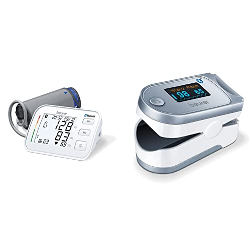 Beurer BM 57 Upper arm Blood Pressure Monitor, Digital Blood Pressure Monitor with Large Cuff up to 43 cm, app Connection via Bluetooth, Certified Data Protection & PO60 Pulse Oximeter with Bluetooth