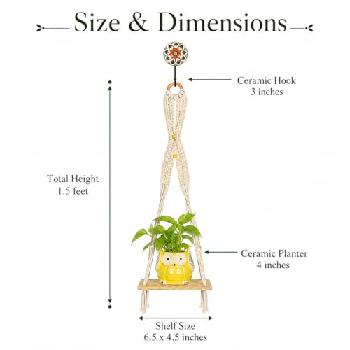 Image of Kaameri Bazaar Macrame Boho Braid Mini Shelve with Owl Shaped Planter and Ceramic Hook - Macrame wall Hanging l owl Planter Pot