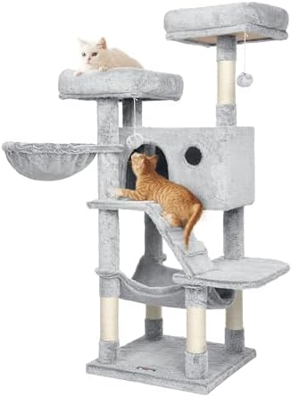 Feandrea Kratzbaum groß, Katzenbaum mit weichem Bezug, 135 cm | 2 Plattformen, Korb, für große Katzen, Ombré-Grau-Weiß, CLAWFY Kollektion PCT162M01