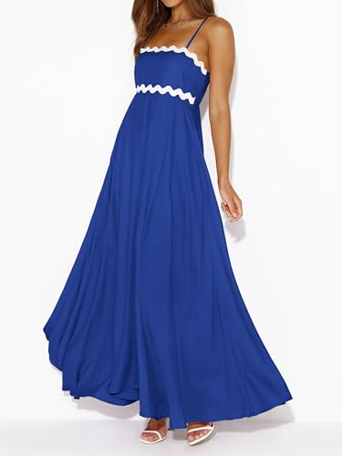 Image of PRETTYGARDEN Women Spaghetti Strap Boho Maxi Dresses Flowy | Sleeveless Smocked Long Dress, Striped Trim Flowy Dress Pockets, Elegant Square Neck Beach Sundress, Casual Summer Outfits