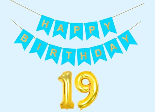 Image of 19th Sky Blue Happy Birthday Decoration Kit for 19 year Old Boys Girls Teenage with Number Nineteen Party Decorations Decor Celebration Items Item Set Combo Reusable Paper Banner