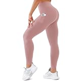 SUNCLOVE Leggings with Pockets for Women High Waisted Tummy Control Yoga Pants Gym Workout Running Leggings Pink