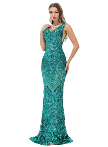 Image of Women's Wedding Bridesmaid Gown Sequined Mermaid V Neck Sleeveless Evening Dress
