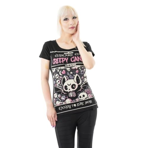 Cupcake Cult T-shirt Creepy Candy Top gráfica alternativa com caveiras góticas veganas, Preto, XL