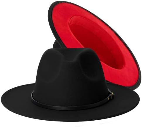 Fedora Hats for Womens and Mens Two Tone Classic Wide Brim,Panama Hat Dress Hat with Belt Buckle Black