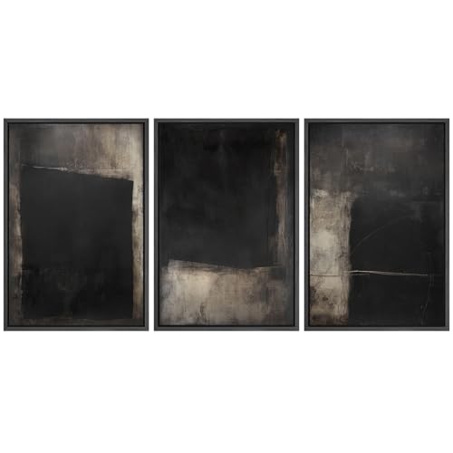SIGNFORD Framed Canvas Print Wall Art Set Black and Charcoal Minimalist Abstract Rustic Industrial Illustrations Modern Art Relax/Calm for Living Room, Bedroom, Office - 24"x36"x3 Black