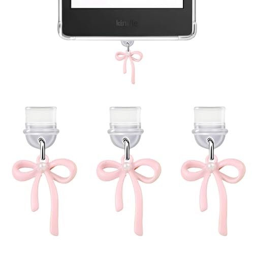 CasaPopz 3Pcs Charms for Kindle, Pink Bow Dust Plug Charm Compatible with Kindle with Type C Charging Port, Coquette Gift for Book Lover Reader Men Women Teachers Students, Accessories for Kindle