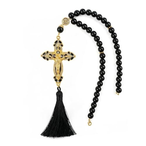 RUDELL Catholic Car Rosary for Rearview Mirror Black 40-Bead Rosary with Saint Benedict Cross Cross for Car Mirror Hanging Prayer Rosary for Car Christian Gift for Catholics