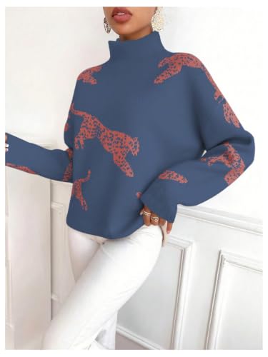 Image of WDIRARA Women's Leopard Tiger Print Sweater High Neck Long Sleeve Fuzzy Knitted Pullover Top