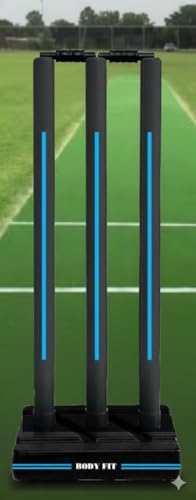 Image of Bodyfit Cricket Stumps | Plastic Wickets Set with 3 Stumps + 2 Bails + 1 Stand | Full Size Wickets for Cricket Ground, Tournament Wicket, Floro Black-Blue.