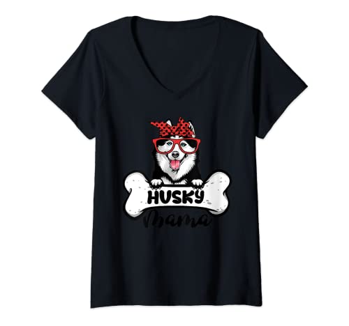 Femme Husky Mama Chemise pour chien en forme d'os pour la fête des mères T-Shirt avec Col en V