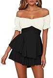 Fixmatti Women's Black And White Romper Jumpsuits Color Block Cute Boho Short Sleeve Ruffle Beach Rompers S