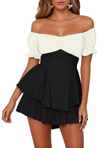 Fixmatti Women's Romper Cute Boho Chiffon Shorts Jumpsuits Off Shoulder