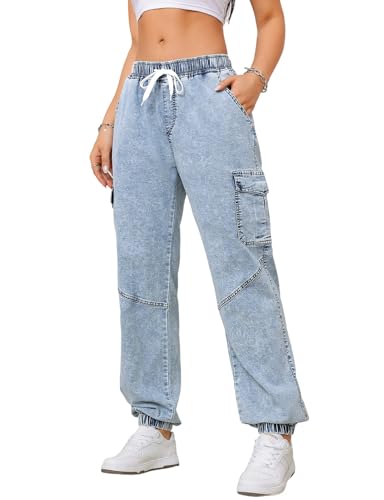 Jean Joggers for Women Elastic Waist Cargo Jeans Stretch Loose Baggy Denim Pants with Drawstring