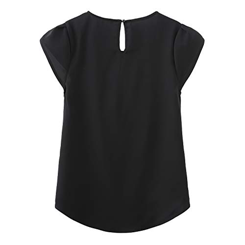 Tasamo Women's Casual Round Neck Basic Pleated Top Cap Sleeve Curved Keyhole Back Chiffon Blouse (Large, Black) #TOP1