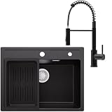 ANYCEE 60 x 46 cm Lavello Nero in Granito con Arco Rubinetto Cucina Molla