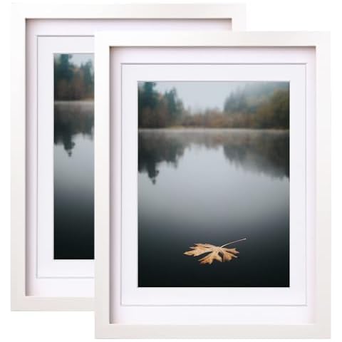 Egofine 12x16 Picture Frames White Set of 2 - Solid Wood Frames With Plexiglass Front, Display 9x12 or 11x14 Mat for Table Top and Wall Mounting Cover
