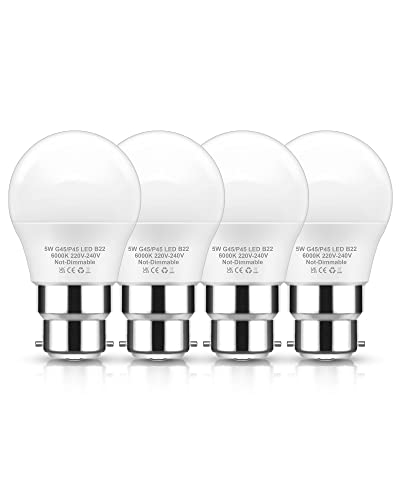 EvaStary B22 LED Bayonet Light Bulbs, G45 Golf Ball LED Bayonet Bulb 40W Equivalent, 6000K Cool White, G45 Mini Globe Light Bulb BC/B22 Bayonet Cap, Non-Dimmable, 4 Packs