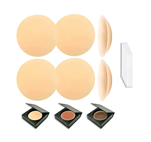 Mystic Curves Cache-tétons adhésifs réutilisables en Silicone Doux | 2 Paires + Boîte de Rangement + 5 Bandes adhésives pour Vêtements | Rond 8 cm | Couvre Seins Mamelons Invisibles étanches (Crème)