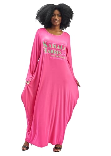 Women's Kamala Harris Plus Size Maxi Dress, 2-Side Pockets & Long Sleeves Dress (US, Alpha, One Size, Plus, Regular, Fuchsia)