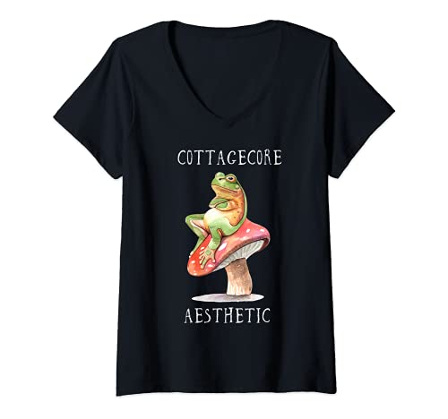 Mujer Cottagecore Aesthetic Cute Frog On A Hike Mushroom Forest Camiseta Cuello V