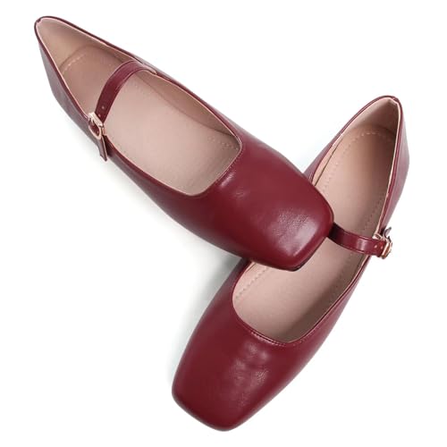 Stunner Women's Mary Jane Flats Fashion Square Toe Soft Ballet Flats Comfort Leather Office Driving Flat Shoes Dark red 37(6.5) 24