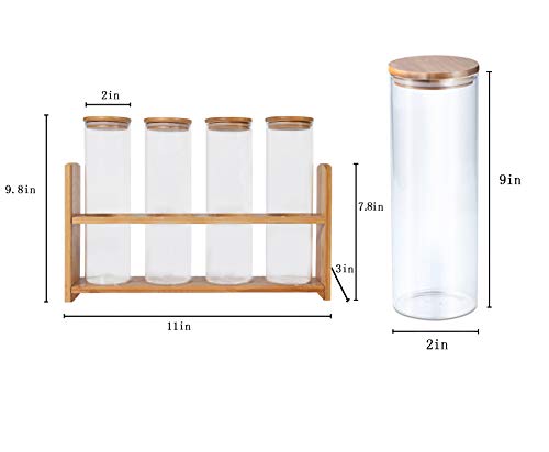Rakumi Glass Test Tubes with Bamboo Holder Rack Spice Rack,2"x9" Test Tubes with Sealed Wooden Caps,15oz Plant Propagation Glass Containers Organizer for Kictchen Storage Experiments 4-Tubes