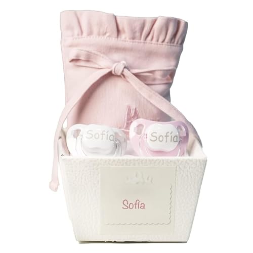 BebeDeParis | Chupete Para Bebé 0 a 3 Meses Personalizado con Nombre (2 unidades) + Funda, Tetina de Silicona Libre de BPA, Regalo para Recién Nacido, Caja Italiana Personalizada