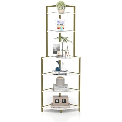 HavenlyYouth Corner Shelf, 6-Tier Corner Shelf Stand, Wood Corner Bookshelf with Metal Frame, Tall Display Shelf for Living Room, Bedroom, Kitchen, Home Office, Modern Style, Golden (6-Tier) Cover