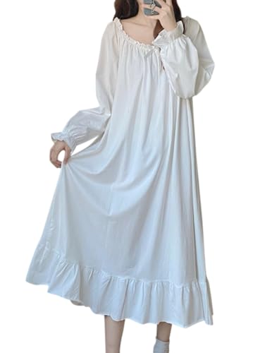 Minetom Nachthemd Damen Lang Vintage Einfarbig Lose Langarm Schlafshirt Frauen Weich Leichte Nachtwäsche Nachtkleid Pyjama E Weiß M