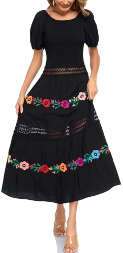 Image of Women's Summer Maxi Dress Casual Floral Embroidered Round Neck Short Sleeve Ruffle Tiered Dress Flowy Boho Beach Sundress
