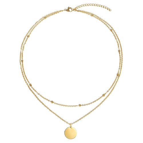 Image of Cangall Gold Necklaces for Women, 36-46cm Adjustable Gold Double Chain with Coin Pendant, Trendy Layered Disc Dot Pendant Necklaces, Minimalist Design Beaded Boho Choker Chain Jewellery for Women