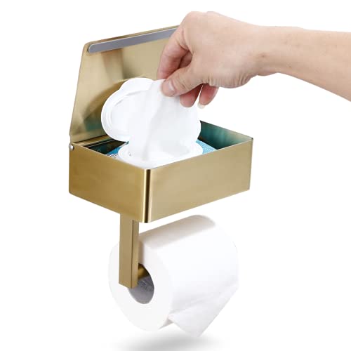 Day Moon Designs Toilet Paper Holder With Shelf - Flushable Wipes Dispenser & Storage Fits Any Bathroom, Keep Your Wet Wipes Hidden - Stainless Steel Wall Mount Bathroom Organizer - Gold, Small #TOP2