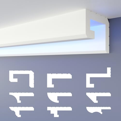 HEXIMO LED-Schattenfugenprofil Stuckleisten, indirekte Beleuchtung XPS-Styropor-Trockenbau-Deckenlichtleisten Beleuchtung Styropor-Deckenleisten (30,6 Meter HLED 2)