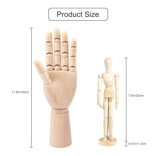 2-Pack 12" Drawing Hand Model,8" Artist Wooden Mannequin Figure Human People Dolls Manikin Supplies Stop Motion Figure Kit,Art Wooden Tools Posable Figure for Drawing,Painting,Sketching - Thumbnail 2