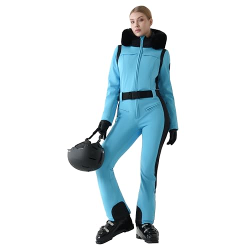 MOUS ONE Womens Ski Suit One Piece Snowsuit Slim Insulated Jumpsuit Warm Waterproof Outdoor Sports Outerwear（Blue，XS）