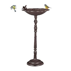 Relaxdays vogelbad gietijzer, waterschaal op sokkel, vogeldrinkschaal voor de tuin, antiek design, 74.5 cm hoog, bruin