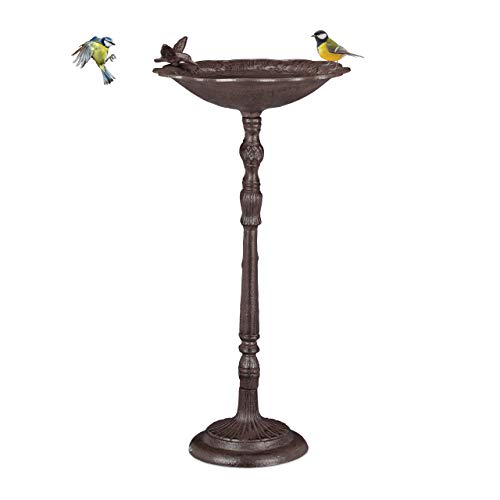 Relaxdays Vogeltränke Gusseisen Vogelbad mit Ständer, Wildvogeltränke für Garten, antikes Design,74,5cm hoch, Braun