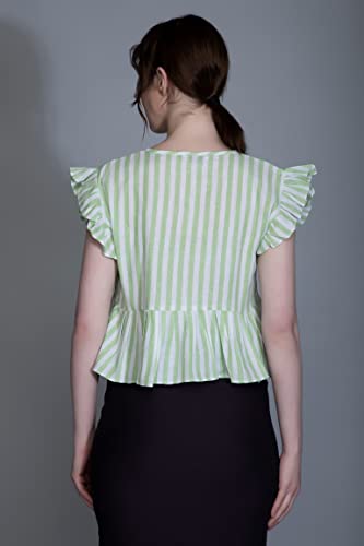 Image of Leriya Fashion Women's Western Regular Fit Crop Tops | Fancy Stripped with Ruffle Sleeves | Button Down Lightweight Cotton for Girls | Suitable for College Office Casual Wear for Ladies