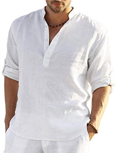 PADOLA Leinenhemd Herren Langarm Henley Shirt Sommerhemd...