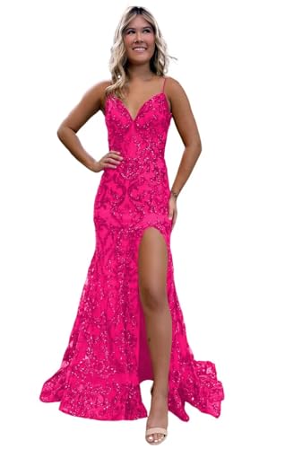 Image of RSOETOO Sparkly Sequin Prom Dresses 2026 with Slit Lace Mermaid Formal Evening Gowns for Women RON058
