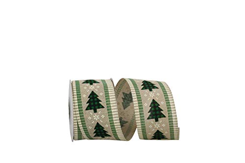 Reliant Ribbon 93534W-750-40F Buffalo Check Trees Ticking Linen Natural Wired Edge Ribbon, 2-1/2 Inch X 10 Yards