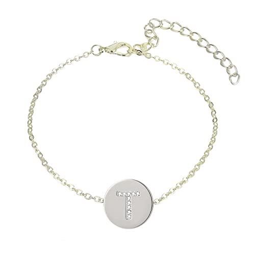 Pulsera para mujer con letra inicial Acero inoxidable con piedras brillantes de circonita bisutería barata regalo original Amigos Novios (T - Plateado) Cover