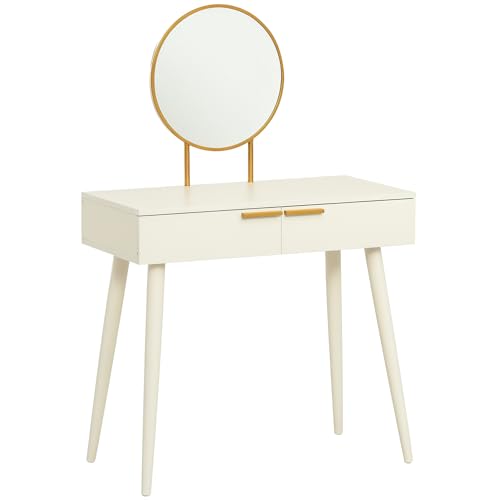 HOMCOM Coiffeuse avec Miroir Rond Table de Maquillage Style Moderne - 2 tiroirs, Pieds en Bois pour Chambre à Coucher, Salon, 80 x 40 x 123 cm Blanc