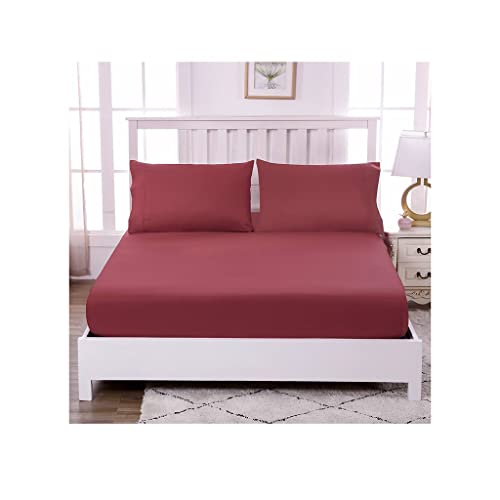 LHHL - Single Double Fitted Sheet 100% Cotton Solid Fitted Bottom Sheet Queen King Size Cal King 30cm Deep Pocket Bed Sheet for Adults Child -1 Fitted Sheet Only (Color : Wine red, Size : 160X200X30cm)